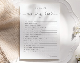 Minimalist Baby Shower Game: Who Knows Mommy Best (Editable Template)