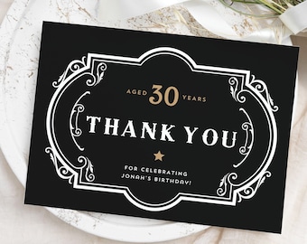 Editable Thank You Card Whiskey Birthday Party Black White Vintage Whiskey Thank You Note Aged To Perfection Editable Thank You Card #JACK
