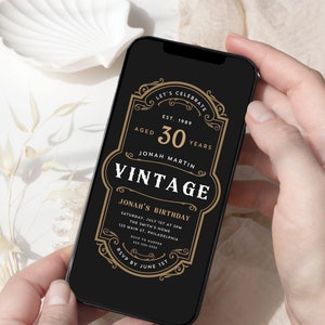 May include: A black and gold vintage-style birthday invitation with the text "Let's Celebrate" and "Jonah Martin" with a gold star design. The invitation is for a 30th birthday party.