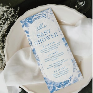 Plantilla de menú de baby shower editable Menú de baby shower azul polvoriento Menú de brunch floral vintage moderno Menú de bebé niño azul Menú imprimible Canva #ELLE