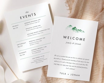 Minimalist Mountain Wedding Events Card Template Green Wedding Itinerary for Welcome Bag Rustic Wedding Schedule Of Events Printable #TULA