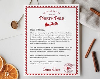 May include: A red and white striped letter from Santa Claus, addressed to Whitney. The letter is from the North Pole and includes a red illustration of Santa Claus in his sleigh with reindeer. The letter reads, "Thank you for sending me your Christmas letter recently, I read it with great pleasure. It's time to get excited, because Christmas is right around the corner. We are so busy here at the North Pole preparing for the big day. The elves and I have been up late every night making lots of toys here in the workshop for the good boys and girls all over the world."
