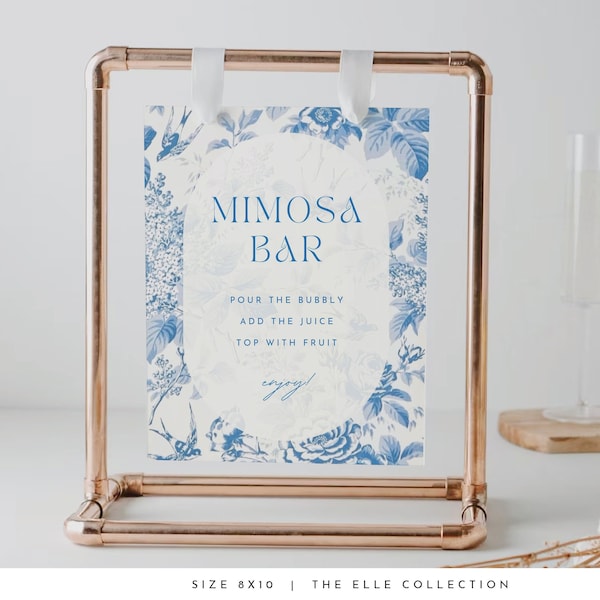 Mimosa Bar Sign Blue Bridal Shower Modern Mimosa Bar Sign Brunch and Bubbly Sign Instant Download Editable Wedding Shower Mimosa Signs #ELLE