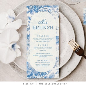 Bridal Shower Menu Template Blue Printable Bridal Shower Menu Blue Floral Editable Menu Blue Bridal Shower Menu Modern Shower Menu #ELLE