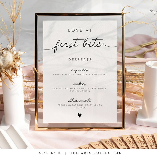Minimalist Dessert Table Sign Template Elegant Love at First Bite Sign Cupcake Flavors Sign Printable Sweets Table Sign  #ARIA