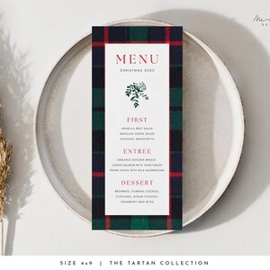 Karta menu świątecznego w kratkę Tartan Szablon menu świątecznego Natychmiastowe pobieranie Wydrukuj kartę menu Minimalistyczne menu weselne Menu kolacji DIY #TARTAN