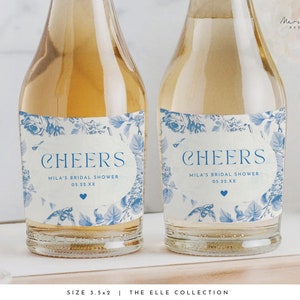 Mini Champagne Labels Blue Floral Bridal Shower Printable Wine Labels Modern Victorian Champagne Labels Cheers Wine Labels #ELLE