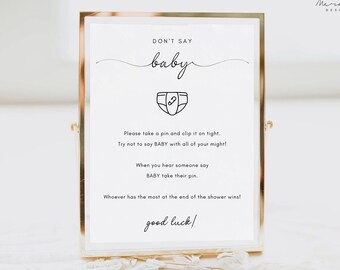 Don't Say Baby Clothespin Game: Minimalist Baby Shower Sign (Editable Template Printable)