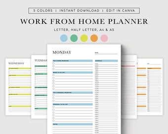 Puede incluir: Un conjunto de páginas de planificador blancas con un diseño minimalista. Las páginas están etiquetadas para el lunes, martes y miércoles, con secciones para prioridades, listas de tareas y horarios. El texto "WORK FROM HOME PLANNER" está en la parte superior.