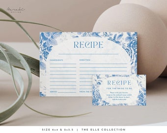 Blue Floral Recipe Card Template Printable Bridal Shower Recipe Insert Editable Kitchen Recipe Card Template Modern Recipe Card #ELLE