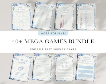 Boy Baby Shower Games Dusty Blue 40 Editable Canva Games (5×7) Bingo, Emoji Pictionary, Raffle, Predictions Instant Download