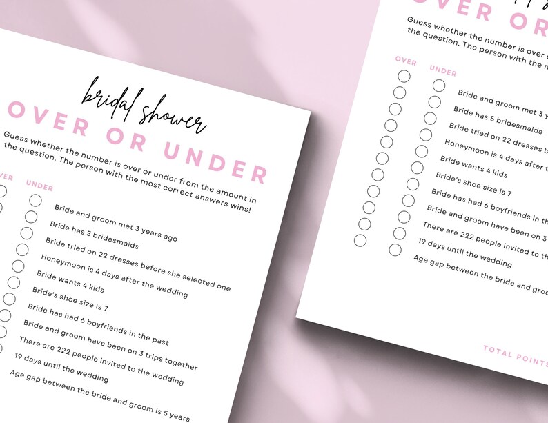 Bridal Shower Game Over or Under Printable Bridal Game Fun - Etsy