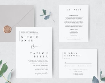 Minimal Wedding Invitation Set Elegant Modern Simple Traditional 100% Editable Template, Includes Invite, RSVP, Detail, Canva