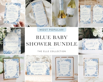 Boy Baby Shower Bundle Dusty Blue Floral 60+ Editable Canva Templates (Invite, 40 Games, Signs & Favors) Instant Download