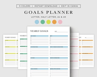 Goal Planner Yearly Planner Digital Planner Goal Planner Goal Setting Productivity Planner A4/A5/Letter/Half Size Instant Download  #PLANNER