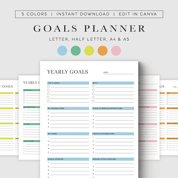 Goal Planner Yearly Planner Digital Planner Goal Planner Goal Setting Productivity Planner A4/A5/Letter/Half Size Instant Download  #PLANNER