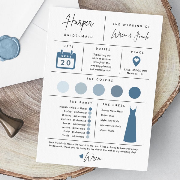 Bridesmaids Proposal Bridesmaid Info Card Template Dusty Blue Bridal Party Info Card Bridesmaid Information Card Minimalist Infographic