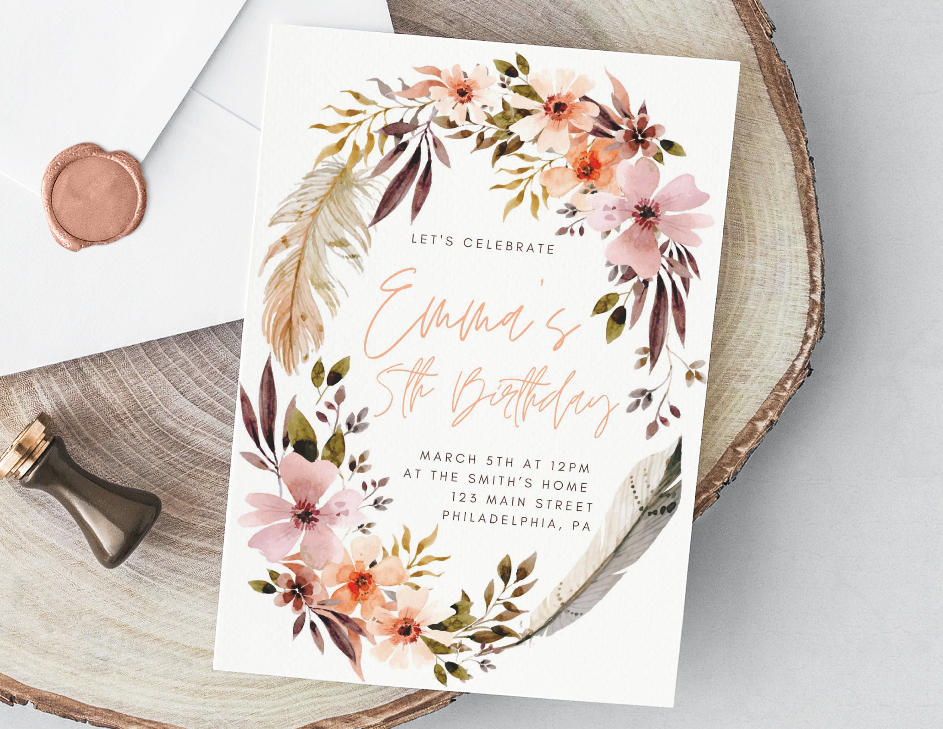 Invitación de cumpleaños boho para niña, fiesta de cumpleaños boho, tarjeta de cumpleaños con plumas florales rosas, tarjeta editable, invitación de cumpleaños boho para imprimir