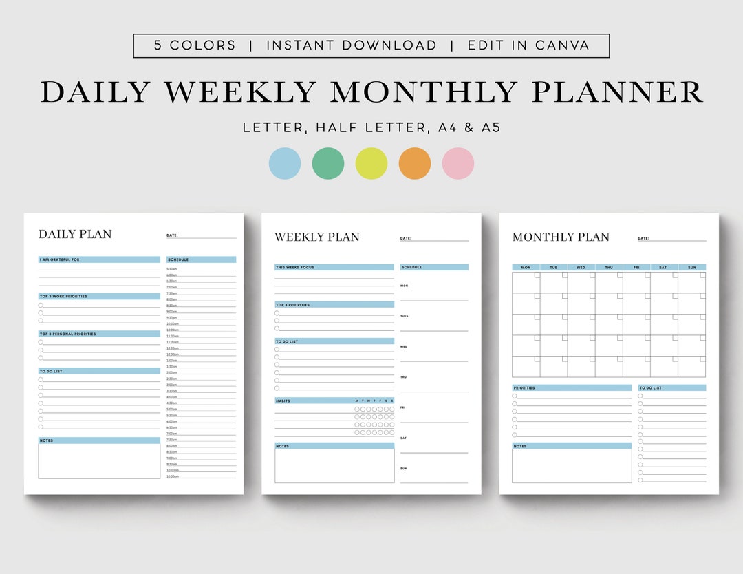 Daily Weekly Monthly Planner Set, Printable Inserts (digital Download ...