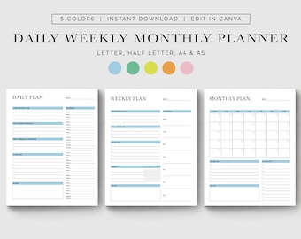 Daily Weekly Monthly Planner Set, Printable Inserts (Digital Download)