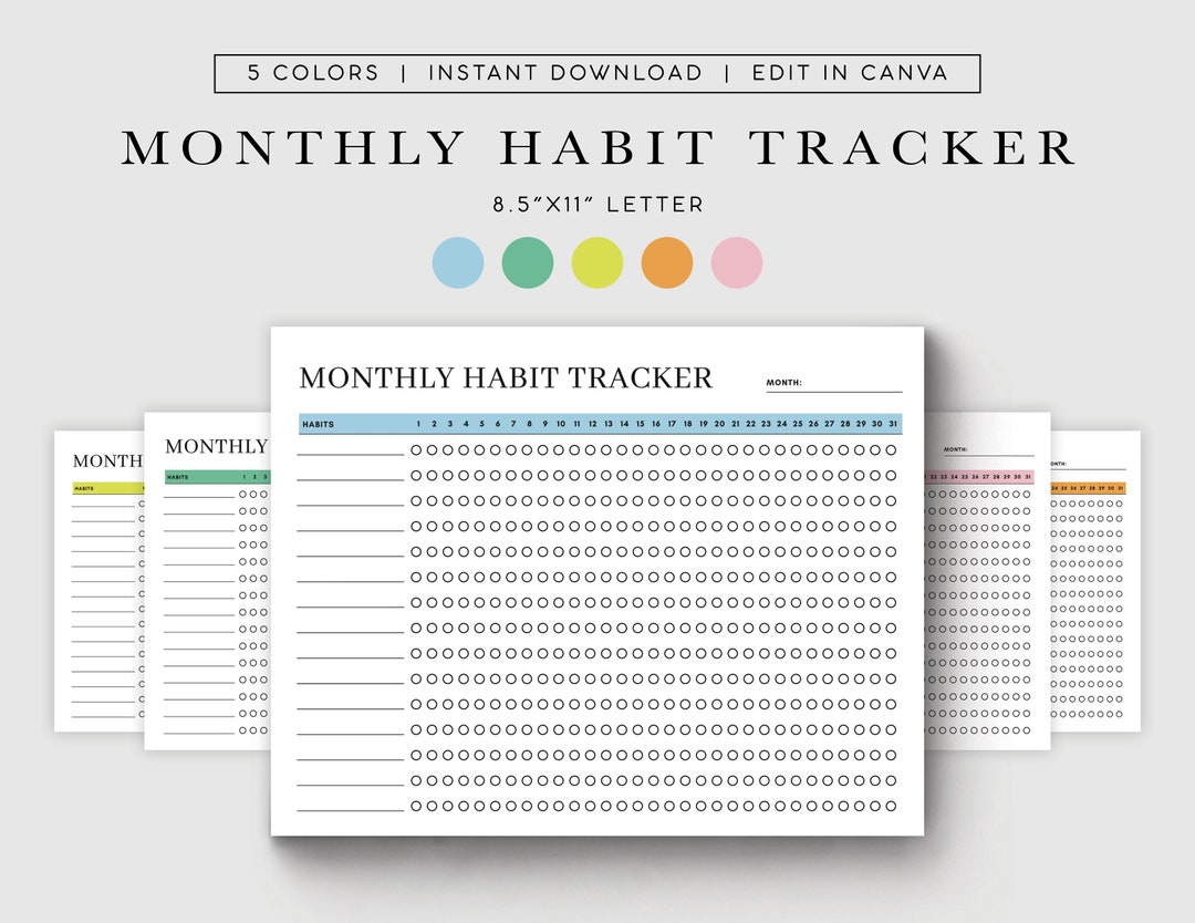 Monthly Habit Tracker Printable Digital Planner Habit Tracker Template