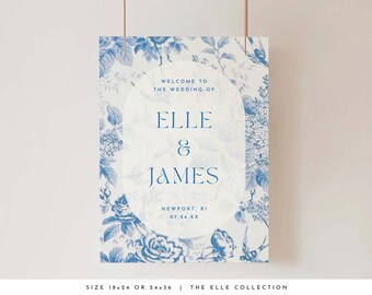 Blue Floral Welcome Sign Template Blue Reception Sign Garden Wedding Sign Botanical Printable Vintage Ceremony Sign Editable Wedding #ELLE