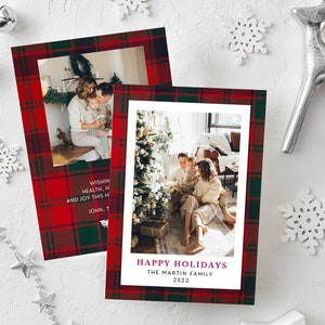 Modern Plaid Christmas Holiday Card Editable Template, Plaid Photo Christmas Card, Tartan Holiday Card With Note Printable, Card Canva