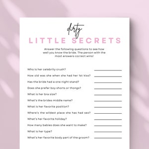 Brides Dirty Little Secret Game Printable Who Knows The Bride Best Bachelorette Party Game Hen Do Party Dirty Bachelorette Game #BGAMES
