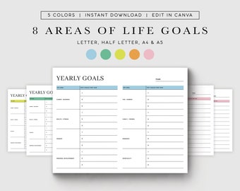 May include: Printable yearly goal planner with eight areas of life, including career, health, finances, and spirituality. The planner is available in five colors: blue, green, yellow, orange, and pink. The planner is available in letter, half letter, A4, and A5 sizes.