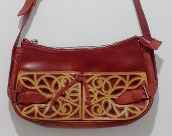 Red & Beige Pikolinos Leather Work Handbag. Long Strap Crossbody