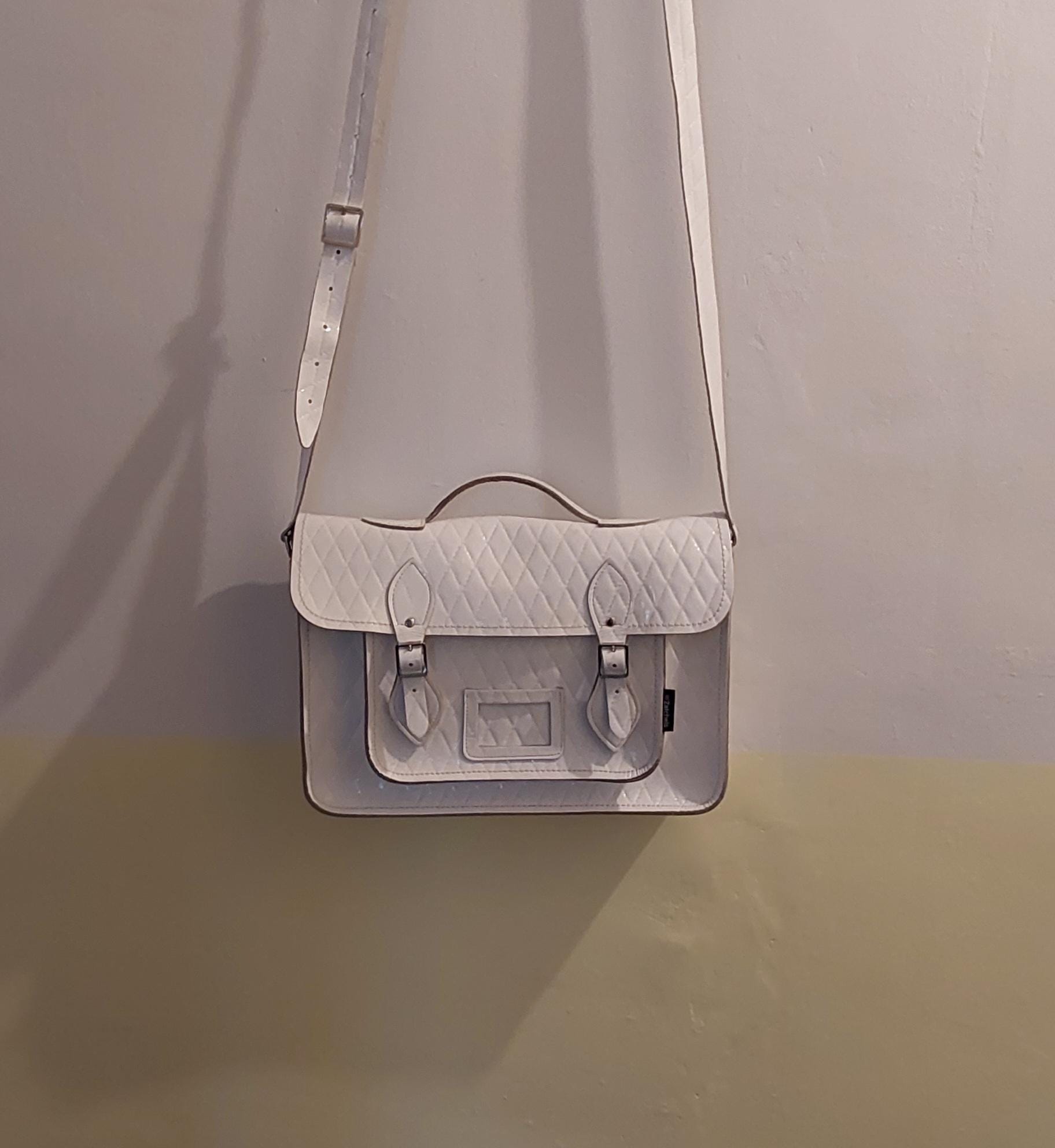 Zatchels White Patent Leather Satchel. Crossbody Handbag with Stylish Quilt effect shell.