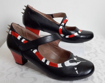 Unique Hand customised Rattlesnake Black Mary Jane Shoes with Heels & Spikes!  &#39;Shuropody&#39; Mary Janes.