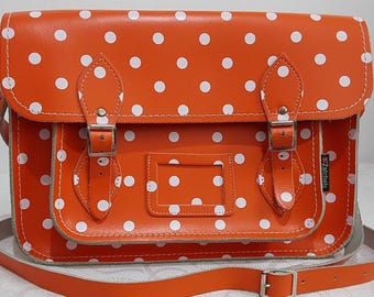 Zatchels Satchel in Cheerful Orange with White Spots- Classic Leather Crossbody Handbag
