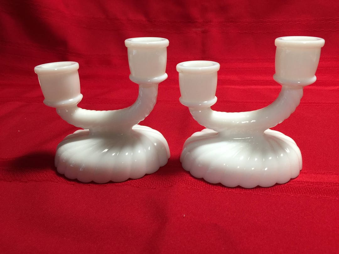 Imperial Milk Glass Double Candle Holders Pair of Elegant Etsy