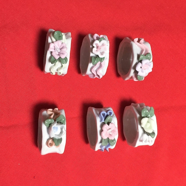 Vintage Porcelain Pastel Flowers Napkin Rings, 6 Octagon Shape Rings