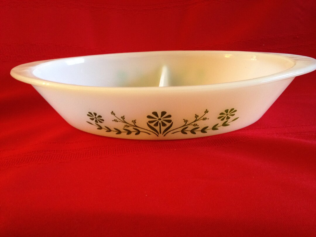 Vintage Glasbake Divided Casserole Dish, White and Green,