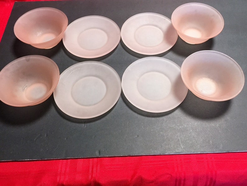 4 Bowls and 4 Plates Indiana Glass Frosted Pink Silk Dessert Salad Set