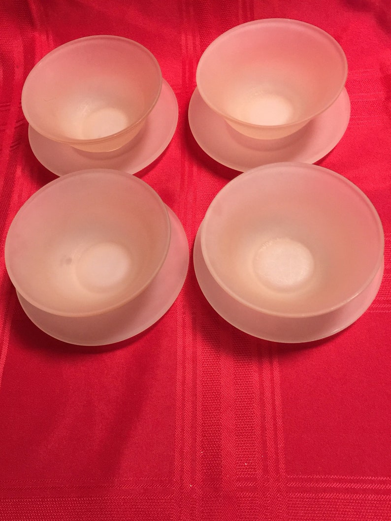 4 Bowls and 4 Plates Indiana Glass Frosted Pink Silk Dessert Salad Set