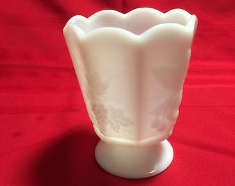 Napco White Milk Glass Pedestal Vase, Embossed Grapes and Cherries