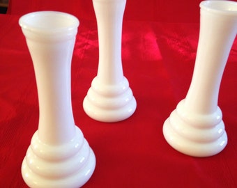 Three Vintage Randall White Milk Glass Bud Vases