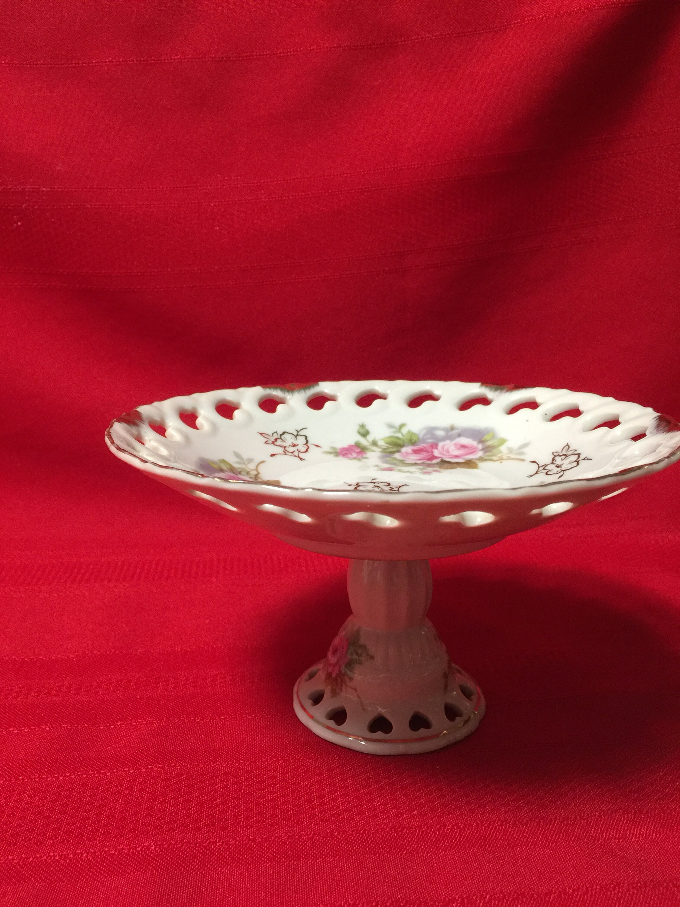 Lefton China NE712 Pedestal Plate White with Pink Floral and Etsy