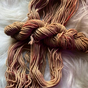 May include: A skein of hand-dyed yarn in shades of tan and brown, with subtle red accents. The yarn is tightly twisted and appears soft, ideal for knitting or crochet projects. The background is a fluffy white surface.