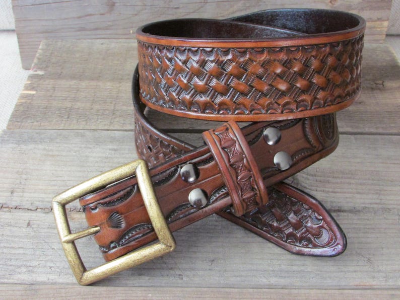 1.75 Wide Hand Tooled Heavy Leather Basketweave Belt Etsy
