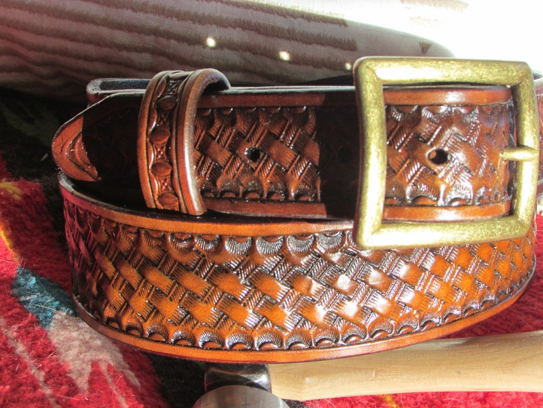 1.75 Wide Hand Tooled Heavy Leather Basketweave Belt Etsy