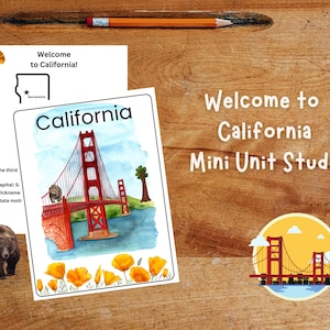 Könnte beinhalten: Eine druckbare Bildungsressource für eine Mini-Einheit zum Thema Kalifornien. Das Bild zeigt eine Aquarell-Illustration der Golden Gate Bridge, einen kalifornischen Grizzlybären und kalifornische Mohnblumen. Der Text "Willkommen in Kalifornien Mini Unit Study" ist oben im Bild zu sehen.