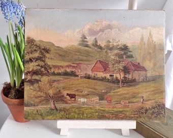 Antique oil painting on canvas, grazing cattle