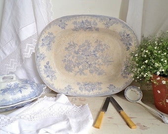 Large antique blue & white Asiatic Pheasants platter or serving plate