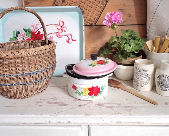 Sweet Vintage Floral Enamel Cooking Pot, Stock Pot, Steamer 