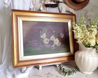 Charming antique floral oil painting on board