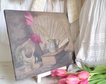 Charmingly shabby vintage oil painting on canvas